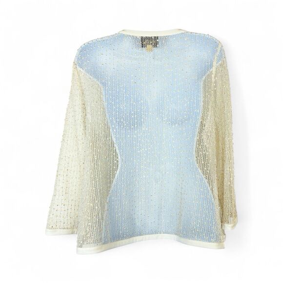 Beige By ECI Womens Sz 12 Sheer Open Weave Top Gold Sparkles Long Sleeve Holiday - Picture 2 of 8